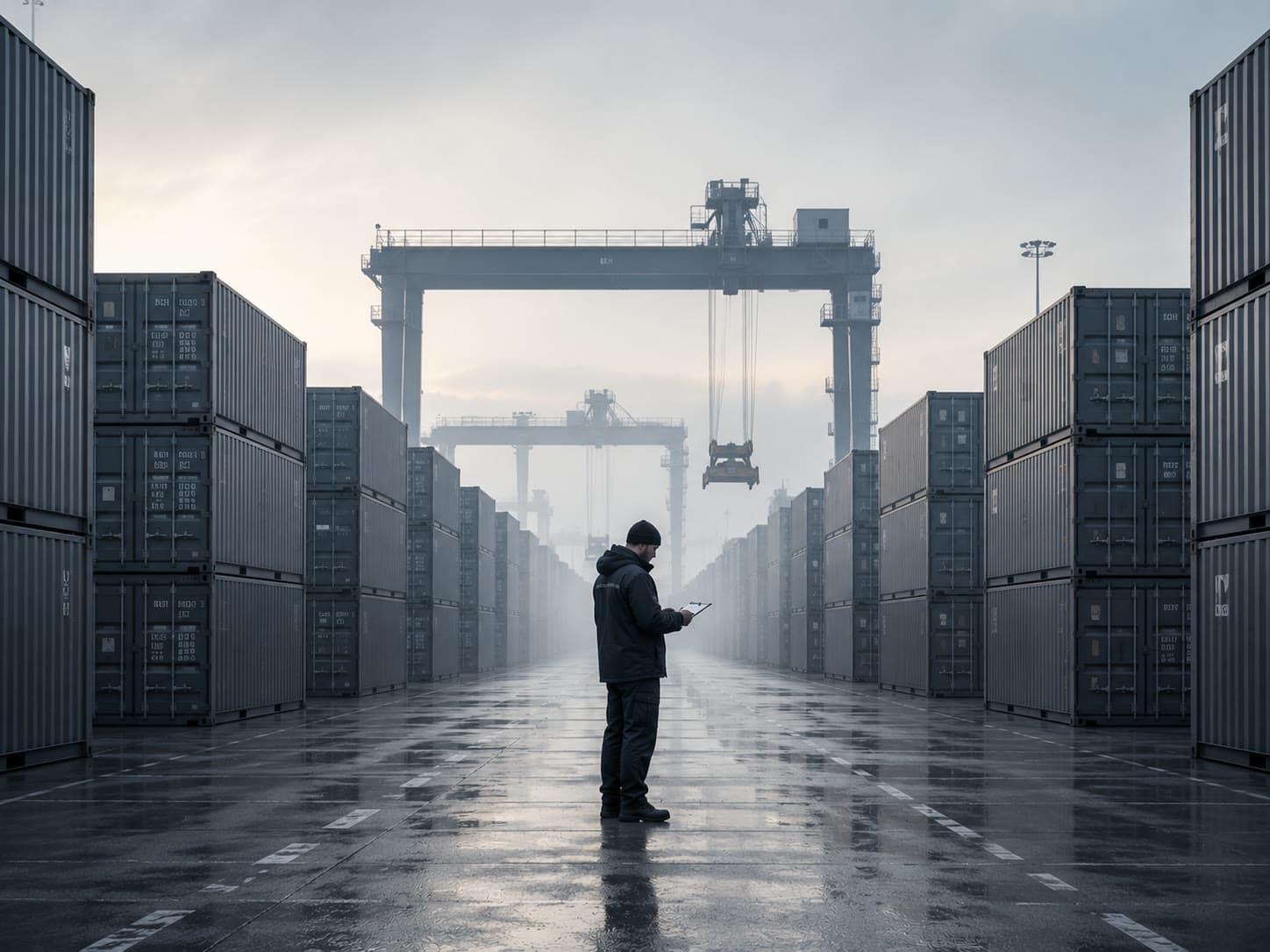 Containerterminal im Morgennebel – Symbolbild für die transparente Neosilk Lieferkette