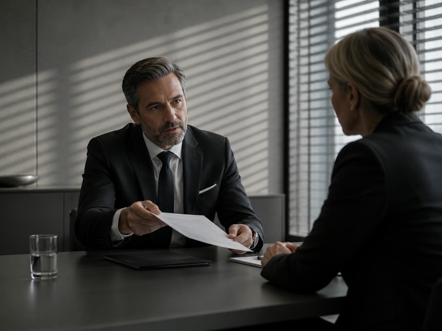 Compliance-Besprechung: Übergabe eines Dokuments über einen minimalistischen Sitzungstisch