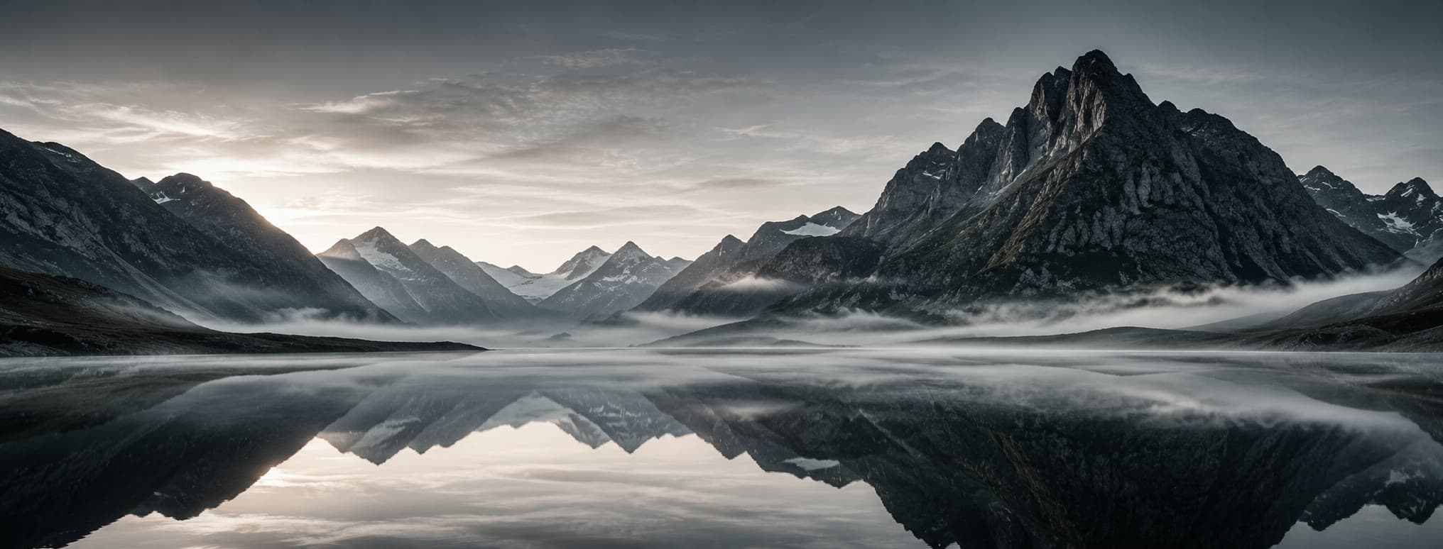 Stiller Bergsee in den Schweizer Alpen, der die Gipfel im silbernen Morgennebel spiegelt